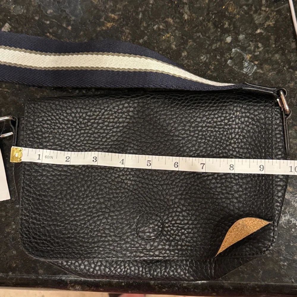 Barneys New York Black Pebbled Leather Messenger Bag with Striped Strap